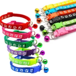 The Pet Shop paw print collar with bell, snap closure, many colors.